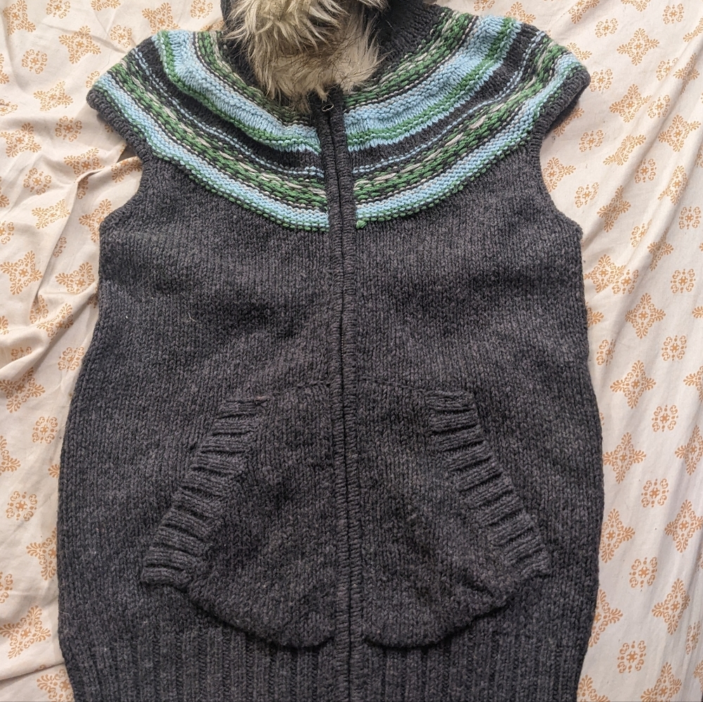 Old Navy Sweater Vest with faux fur hood. Green/Blue collar detail.